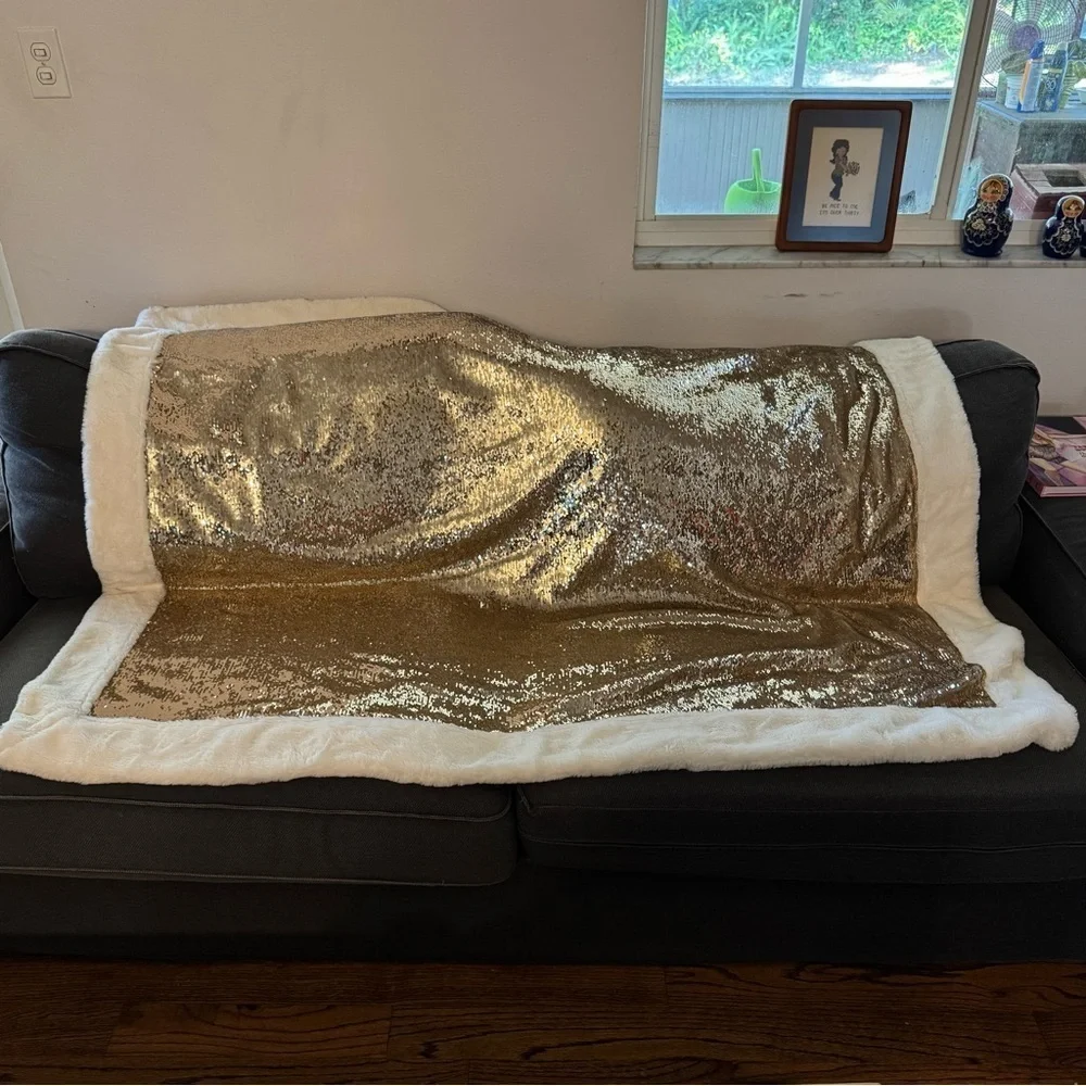 Pier 1 Imports cream and gold sequin holiday throw blanket